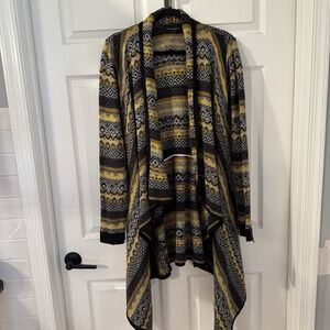 Alison Andrews‎ Cardigan Sweater Women Sz L Open Front black gray yellow stripe